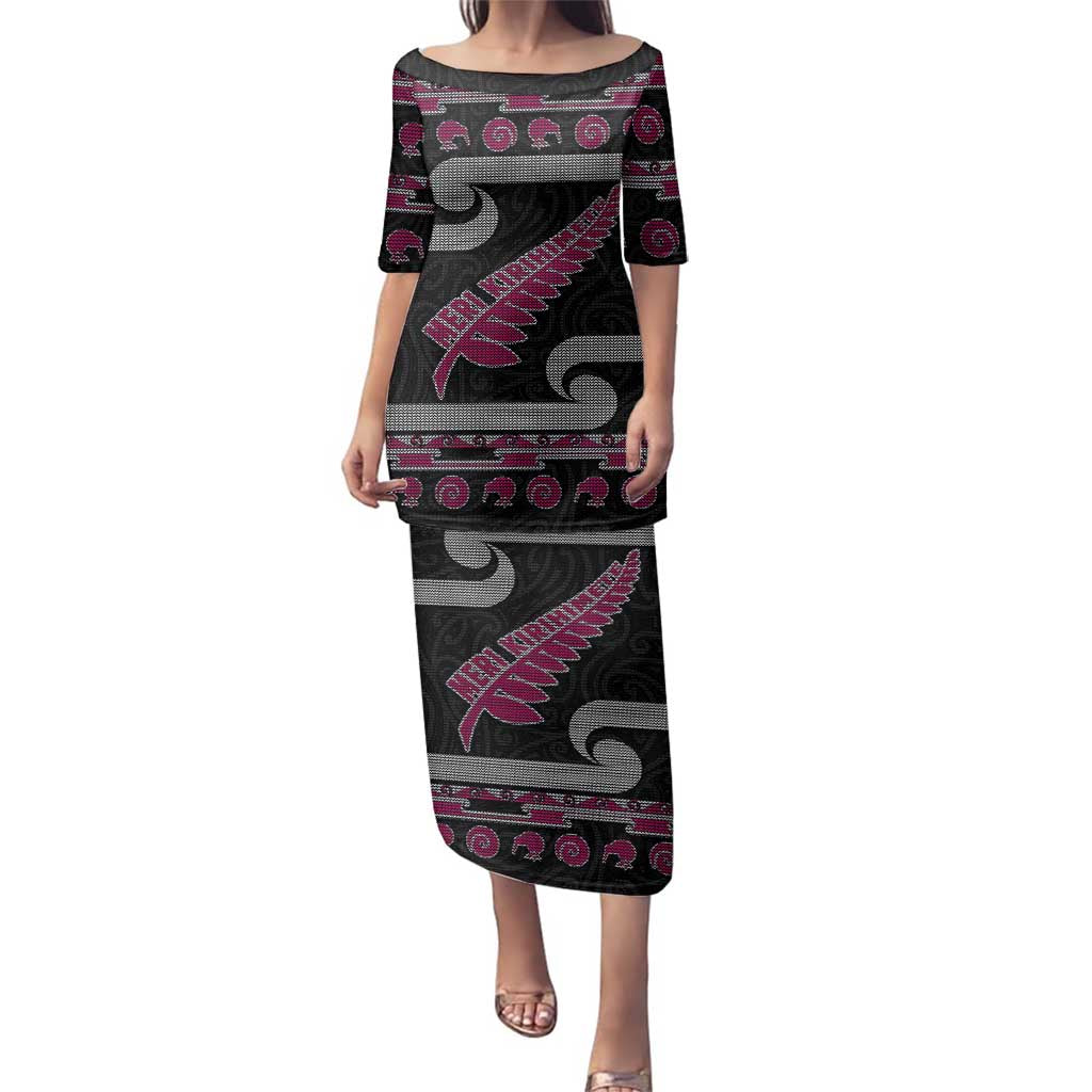 New Zealand Christmas Family Matching Puletasi and Hawaiian Shirt Meri Kirihimete Silver Fern Knit Style Pink Color - Polynesian Pride