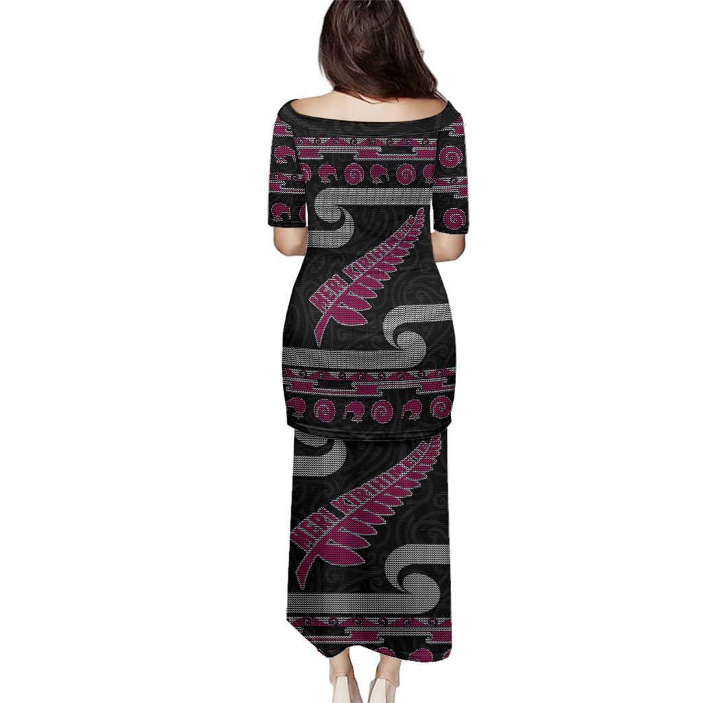 New Zealand Christmas Family Matching Puletasi and Hawaiian Shirt Meri Kirihimete Silver Fern Knit Style Pink Color - Polynesian Pride