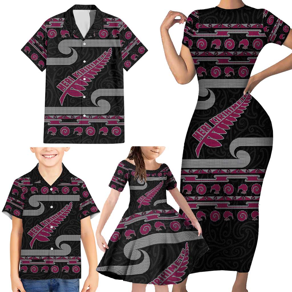 New Zealand Christmas Family Matching Short Sleeve Bodycon Dress and Hawaiian Shirt Meri Kirihimete Silver Fern Knit Style Pink Color - Polynesian Pride