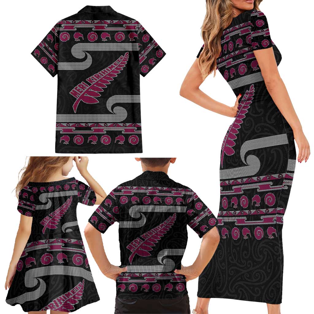 New Zealand Christmas Family Matching Short Sleeve Bodycon Dress and Hawaiian Shirt Meri Kirihimete Silver Fern Knit Style Pink Color - Polynesian Pride
