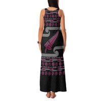 New Zealand Christmas Family Matching Tank Maxi Dress and Hawaiian Shirt Meri Kirihimete Silver Fern Knit Style Pink Color - Polynesian Pride