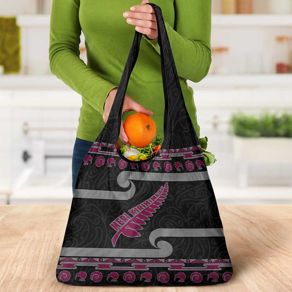 New Zealand Christmas Grocery Bag Meri Kirihimete Silver Fern Knit Style Pink Color - Polynesian Pride