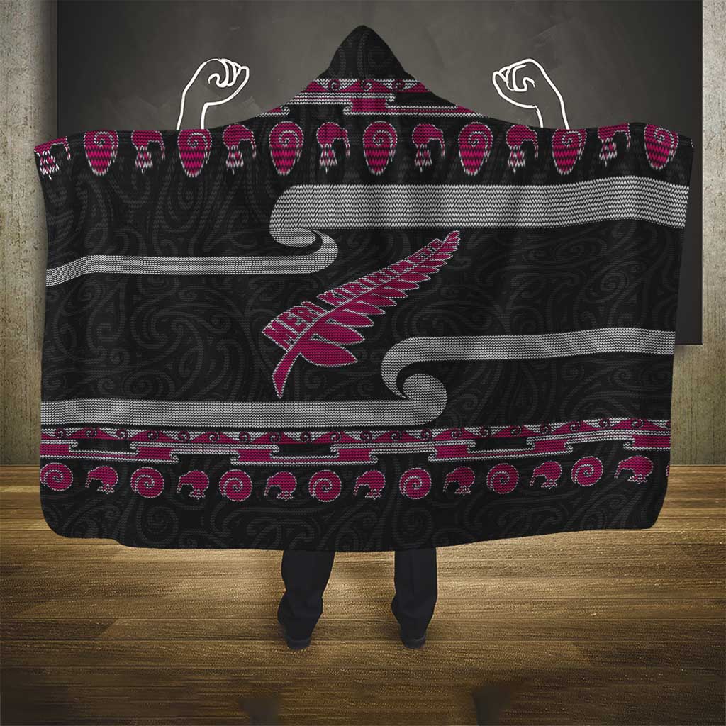 New Zealand Christmas Hooded Blanket Meri Kirihimete Silver Fern Knit Style Pink Color - Polynesian Pride
