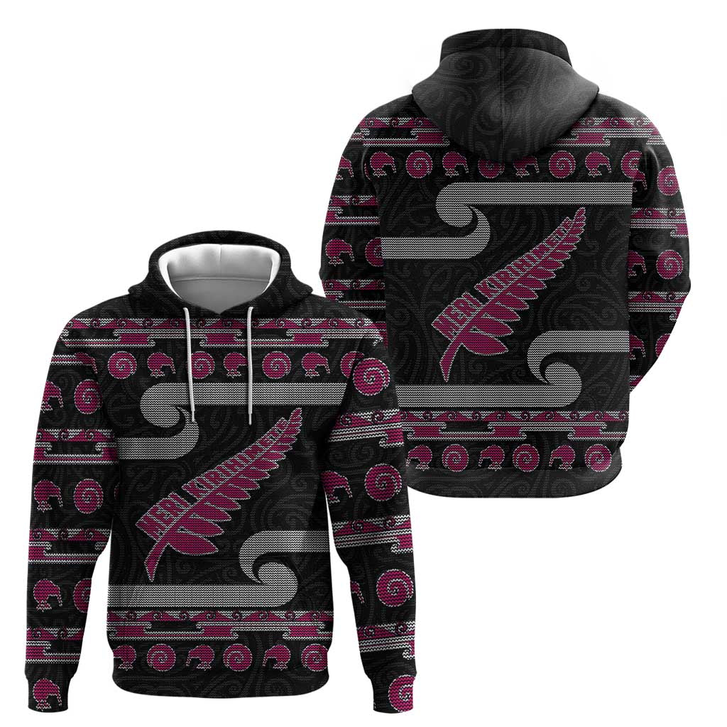 New Zealand Christmas Hoodie Meri Kirihimete Silver Fern Knit Style Pink Color - Polynesian Pride