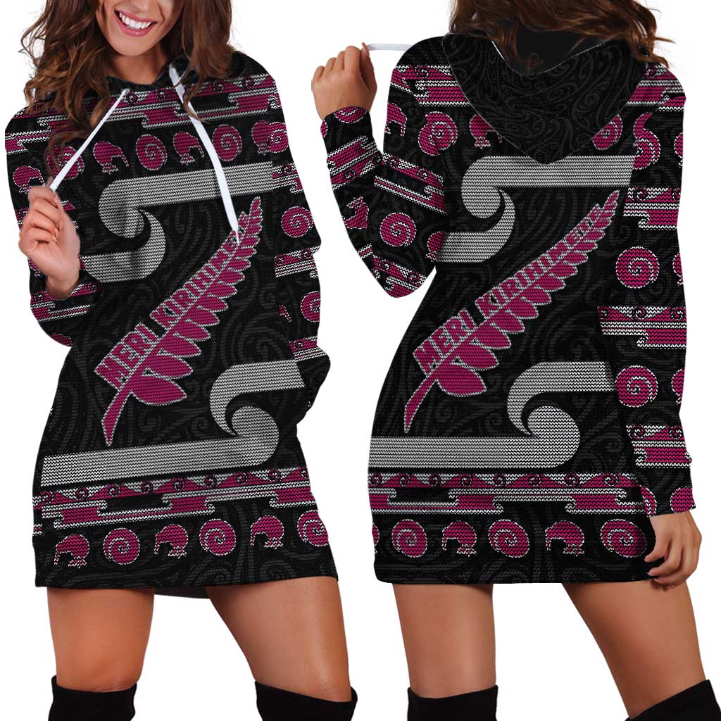 New Zealand Christmas Hoodie Dress Meri Kirihimete Silver Fern Knit Style Pink Color - Polynesian Pride