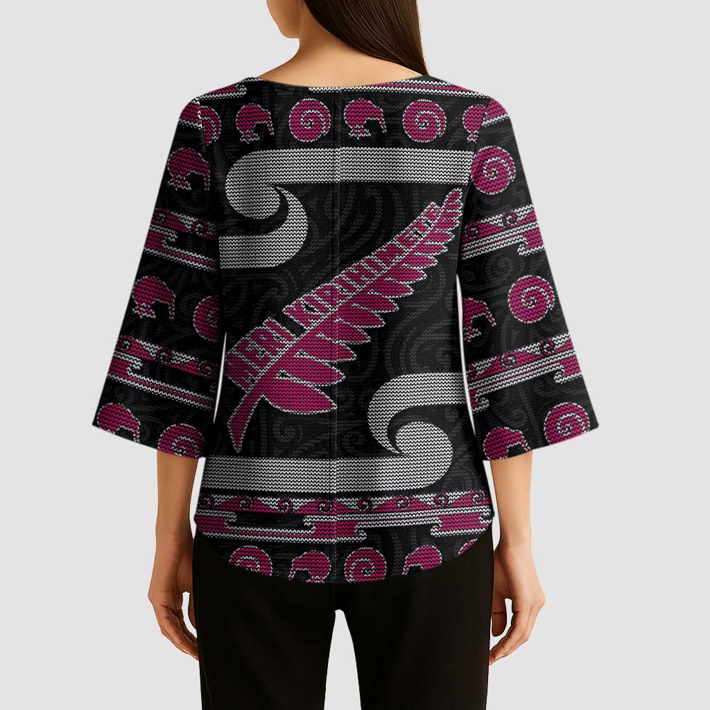 New Zealand Christmas Kimono Sleeve Blouse Meri Kirihimete Silver Fern Knit Style Pink Color - Polynesian Pride