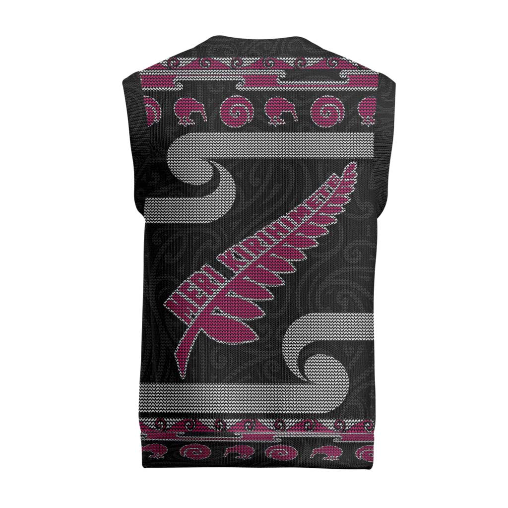 New Zealand Christmas Knitted V-Neck Vest Meri Kirihimete Silver Fern Knit Style Pink Color - Polynesian Pride