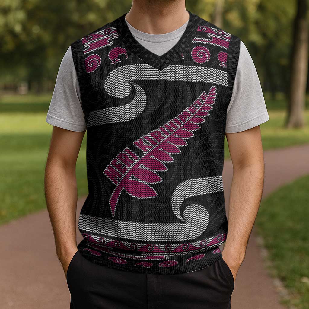 New Zealand Christmas Knitted V-Neck Vest Meri Kirihimete Silver Fern Knit Style Pink Color - Polynesian Pride