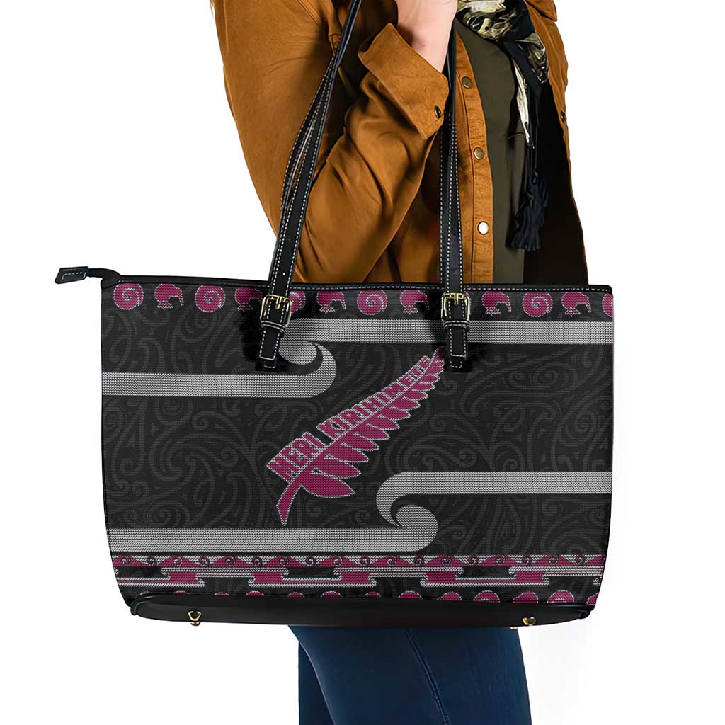 New Zealand Christmas Leather Tote Bag Meri Kirihimete Silver Fern Knit Style Pink Color - Polynesian Pride
