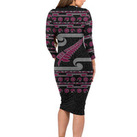 New Zealand Christmas Long Sleeve Bodycon Dress Meri Kirihimete Silver Fern Knit Style Pink Color - Polynesian Pride