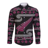 New Zealand Christmas Long Sleeve Button Shirt Meri Kirihimete Silver Fern Knit Style Pink Color - Polynesian Pride