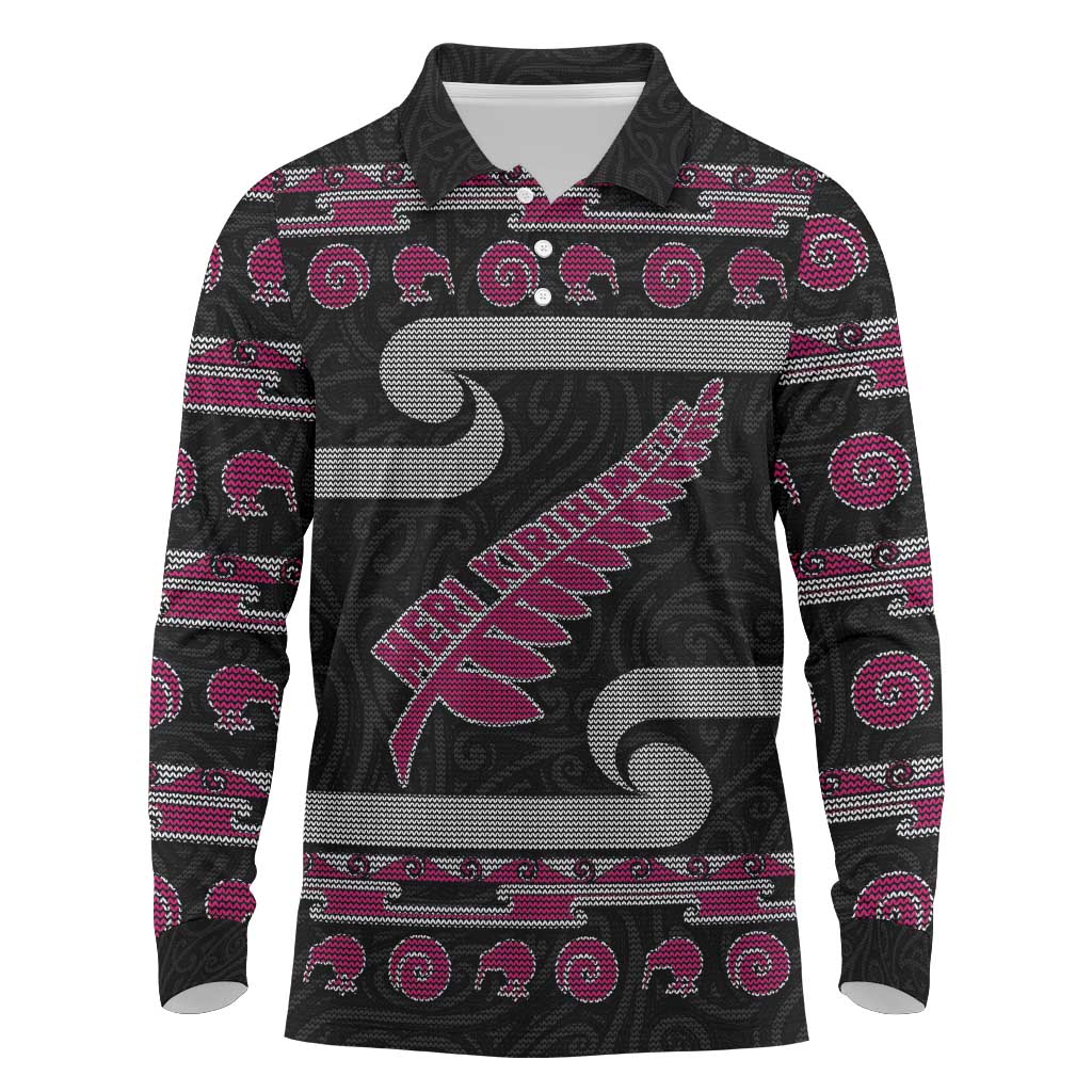 New Zealand Christmas Long Sleeve Polo Shirt Meri Kirihimete Silver Fern Knit Style Pink Color - Polynesian Pride
