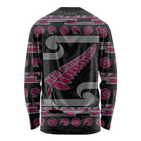 New Zealand Christmas Long Sleeve Shirt Meri Kirihimete Silver Fern Knit Style Pink Color - Polynesian Pride
