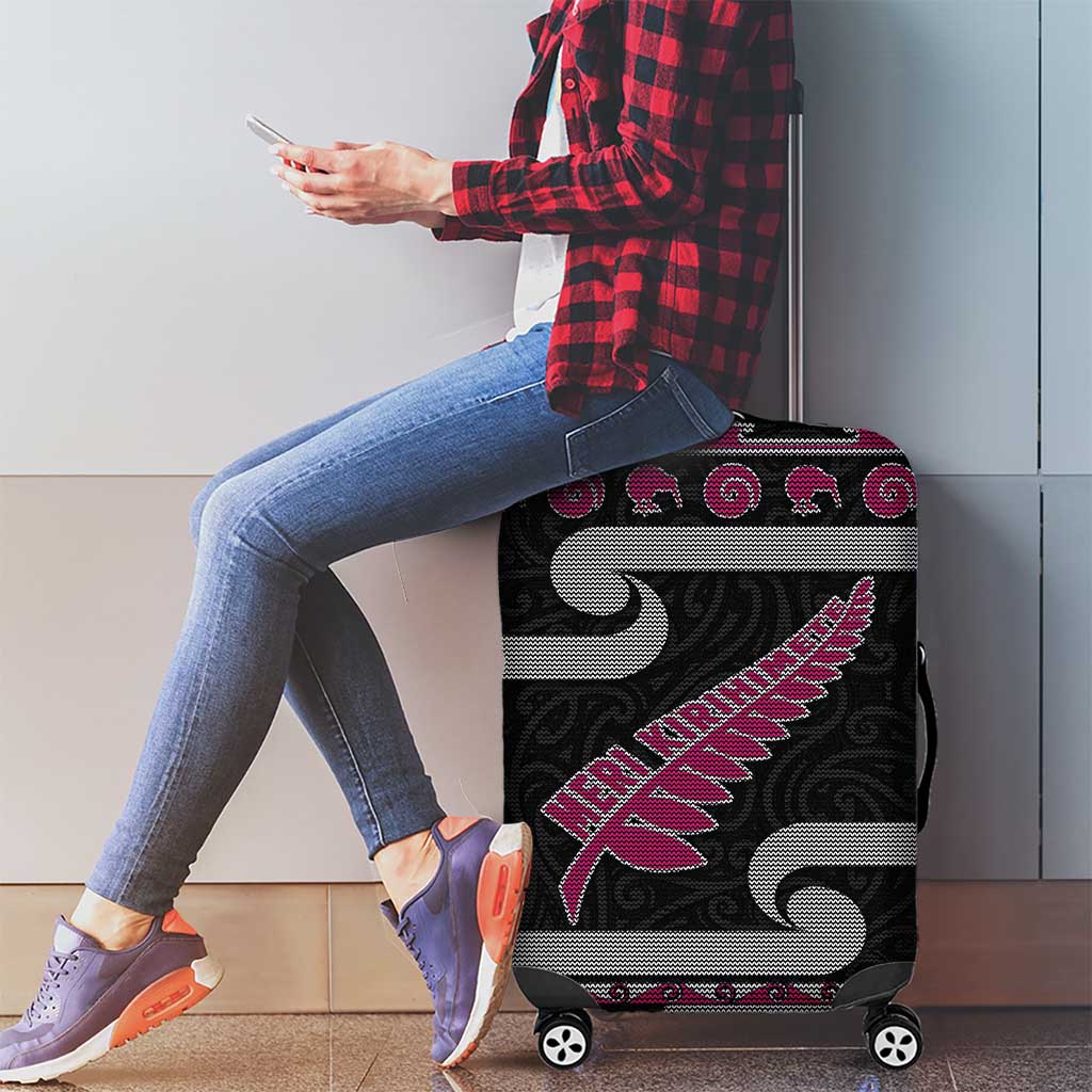New Zealand Christmas Luggage Cover Meri Kirihimete Silver Fern Knit Style Pink Color - Polynesian Pride