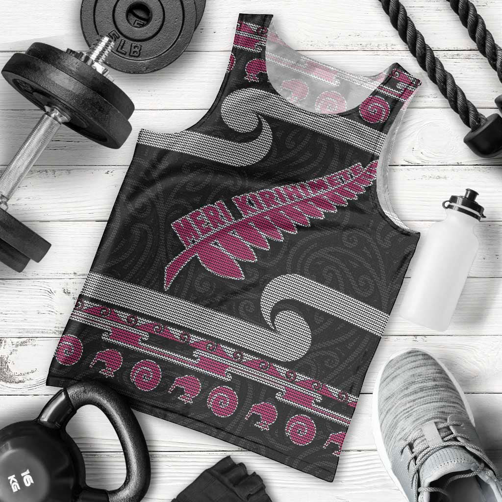 New Zealand Christmas Men Tank Top Meri Kirihimete Silver Fern Knit Style Pink Color - Polynesian Pride