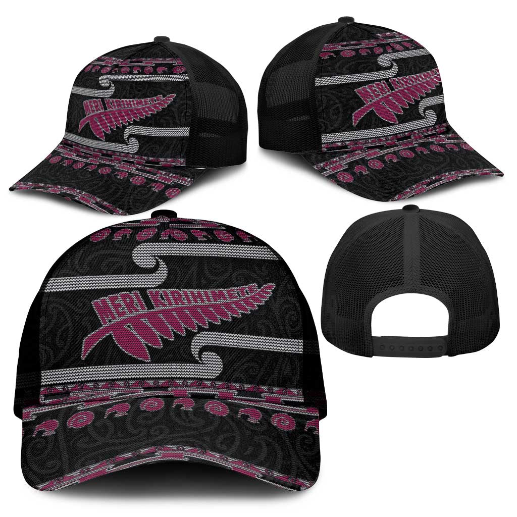 New Zealand Christmas Mesh Trucker Cap Meri Kirihimete Silver Fern Knit Style Pink Color - Polynesian Pride
