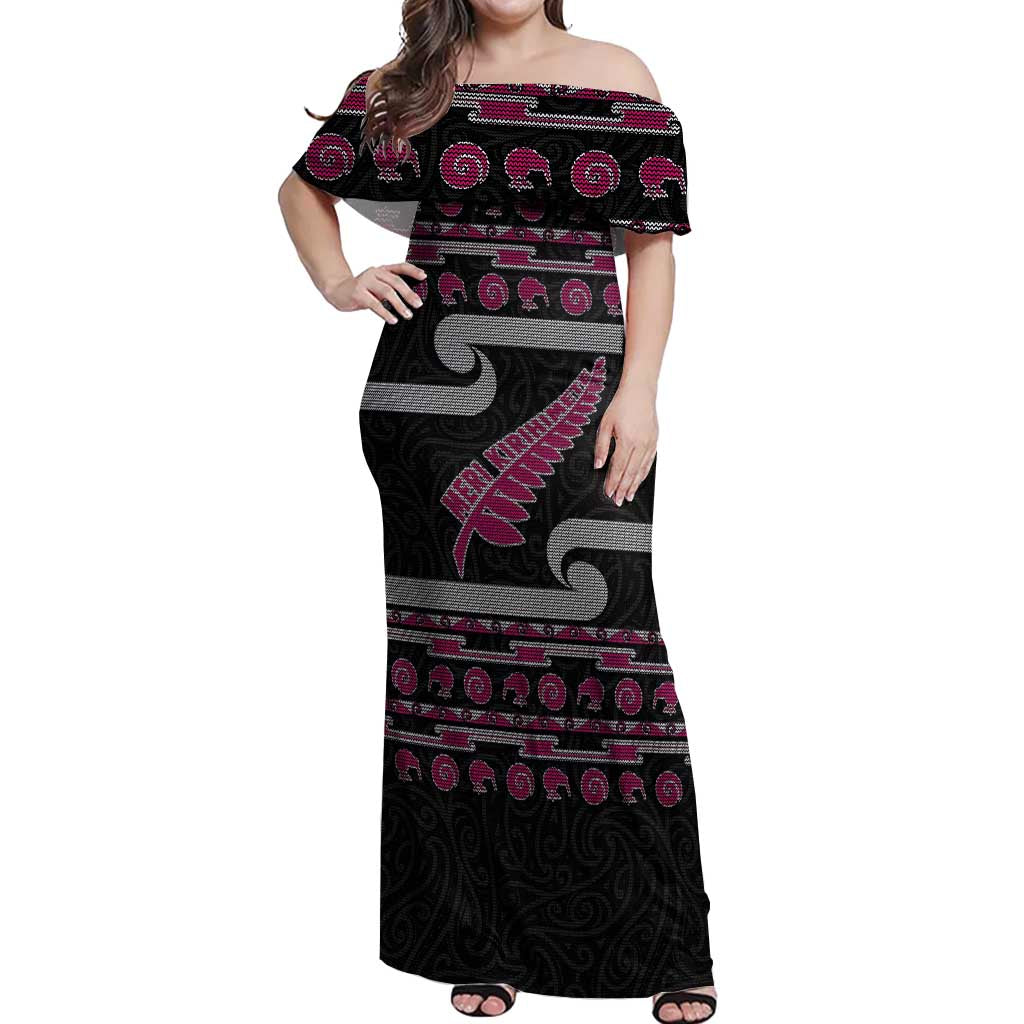 New Zealand Christmas Off Shoulder Maxi Dress Meri Kirihimete Silver Fern Knit Style Pink Color - Polynesian Pride