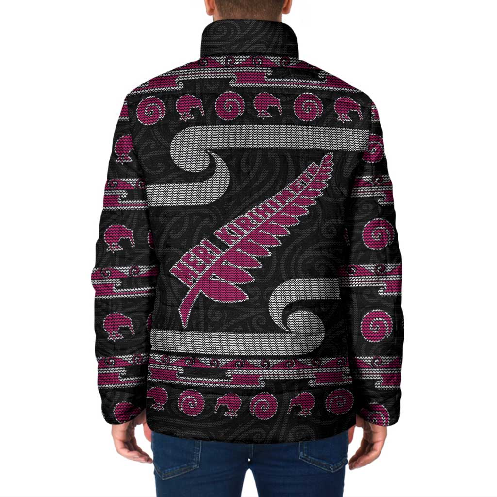 New Zealand Christmas Padded Jacket Meri Kirihimete Silver Fern Knit Style Pink Color - Polynesian Pride