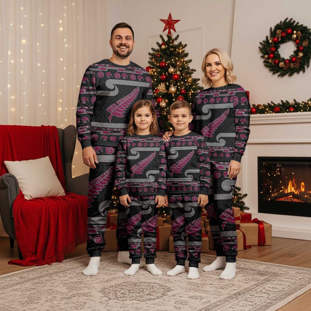 New Zealand Christmas Pajama Set Meri Kirihimete Silver Fern Knit Style Pink Color - Polynesian Pride