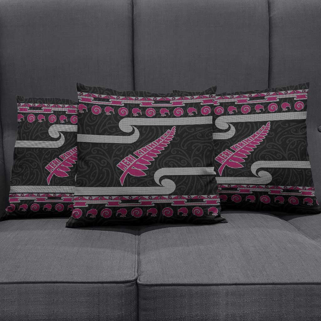 New Zealand Christmas Pillow Cover Meri Kirihimete Silver Fern Knit Style Pink Color - Polynesian Pride
