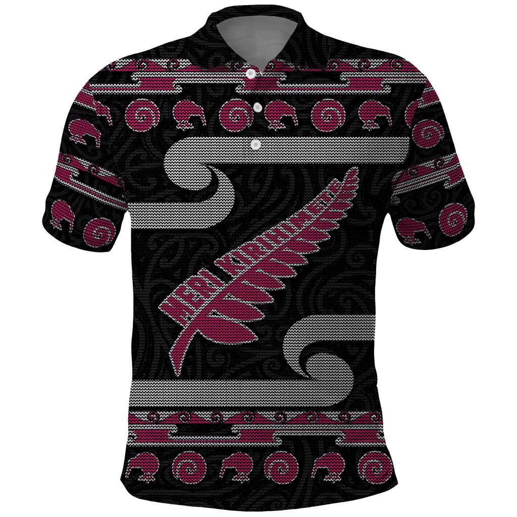 New Zealand Christmas Polo Shirt Meri Kirihimete Silver Fern Knit Style Pink Color - Polynesian Pride