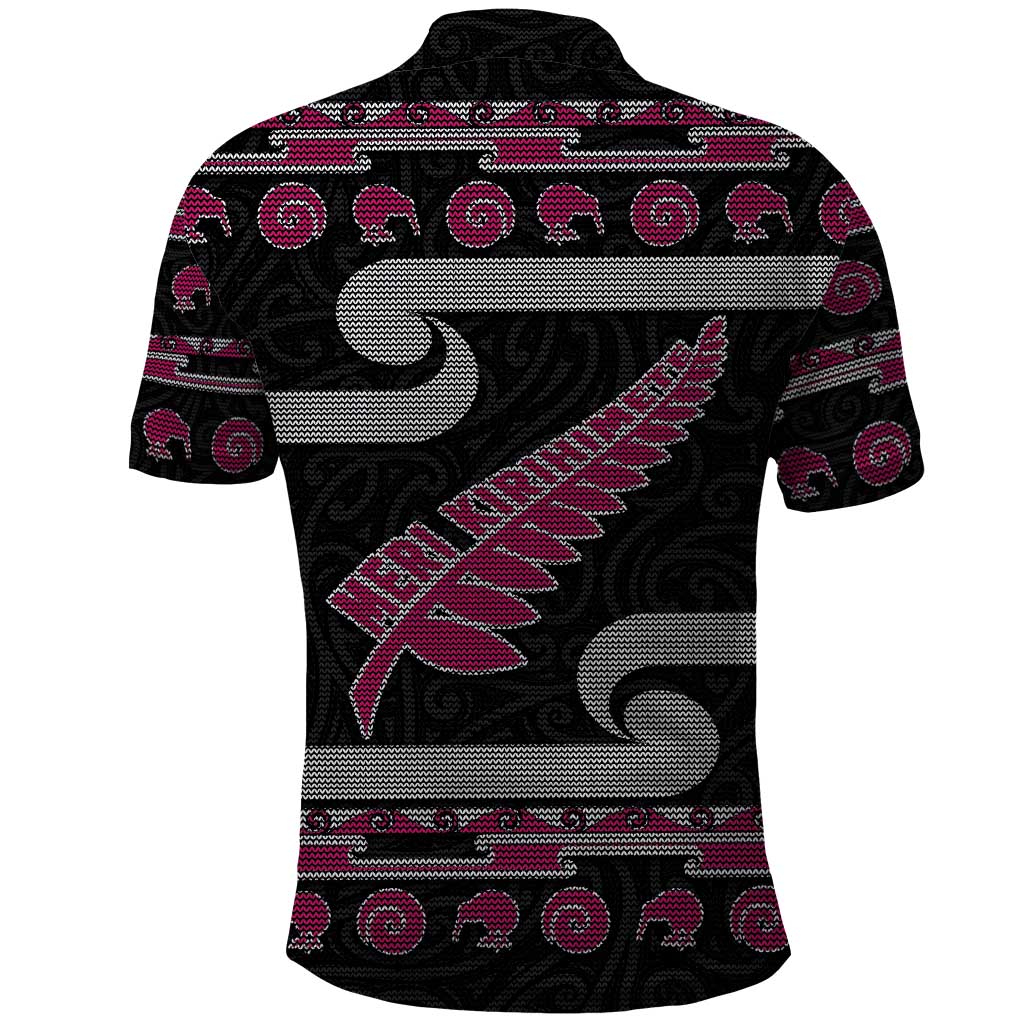New Zealand Christmas Polo Shirt Meri Kirihimete Silver Fern Knit Style Pink Color - Polynesian Pride