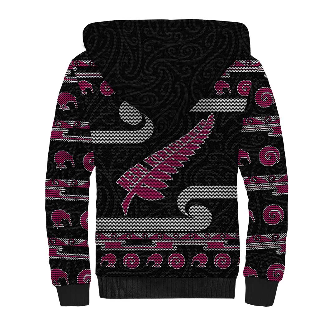 New Zealand Christmas Sherpa Hoodie Meri Kirihimete Silver Fern Knit Style Pink Color - Polynesian Pride