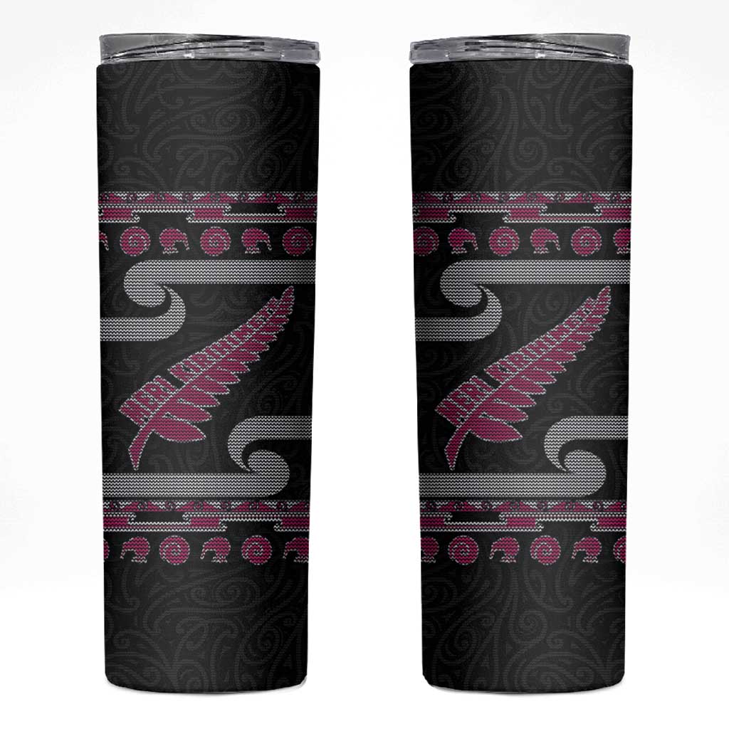 New Zealand Christmas Skinny Tumbler Meri Kirihimete Silver Fern Knit Style Pink Color - Polynesian Pride