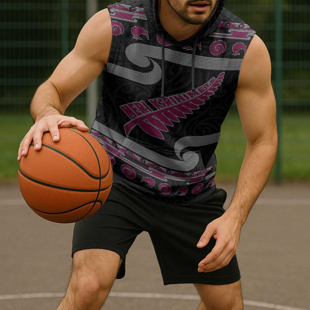 New Zealand Christmas Sleeveless Hoodie Meri Kirihimete Silver Fern Knit Style Pink Color - Polynesian Pride