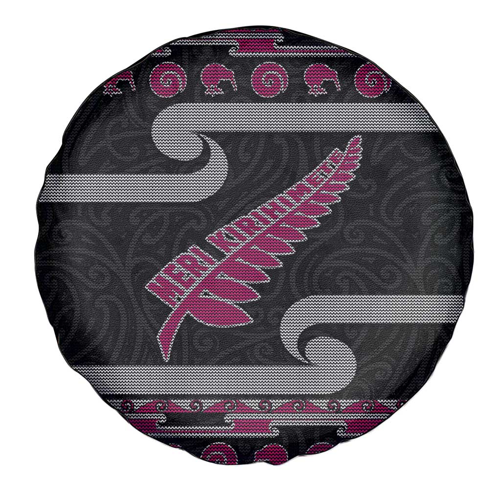 New Zealand Christmas Spare Tire Cover Meri Kirihimete Silver Fern Knit Style Pink Color - Polynesian Pride