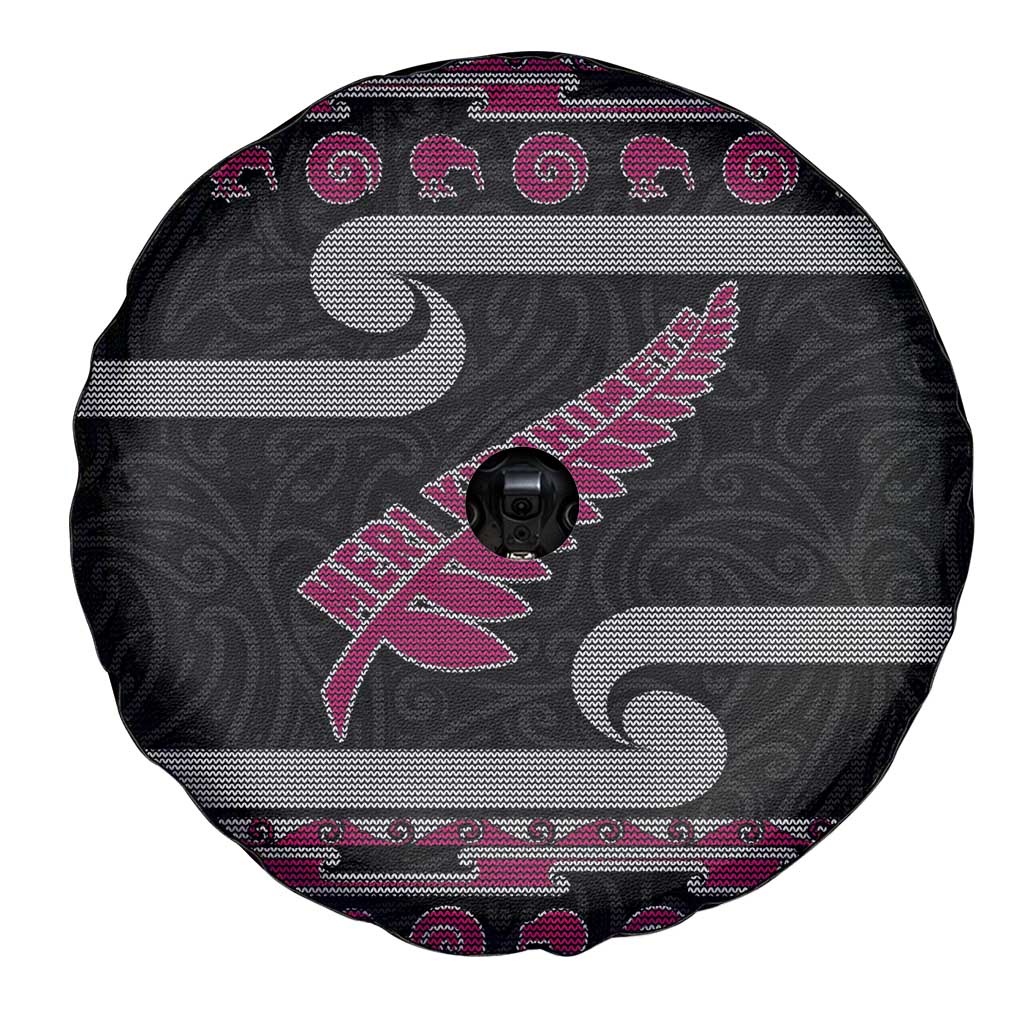 New Zealand Christmas Spare Tire Cover Meri Kirihimete Silver Fern Knit Style Pink Color - Polynesian Pride