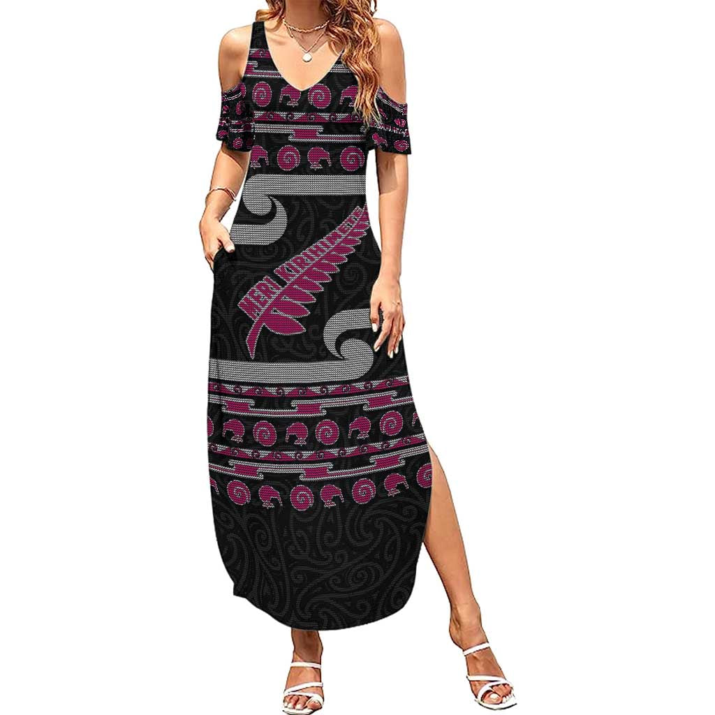 New Zealand Christmas Summer Maxi Dress Meri Kirihimete Silver Fern Knit Style Pink Color - Polynesian Pride