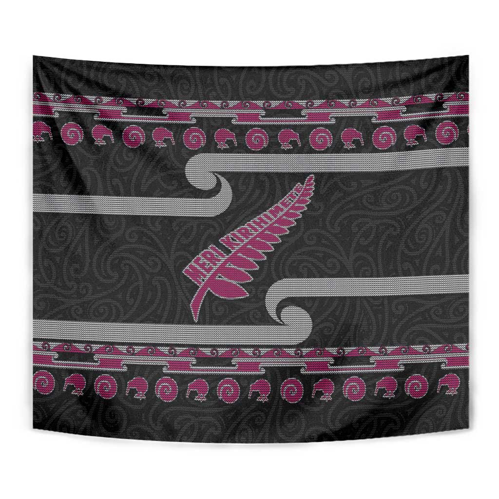 New Zealand Christmas Tapestry Meri Kirihimete Silver Fern Knit Style Pink Color - Polynesian Pride