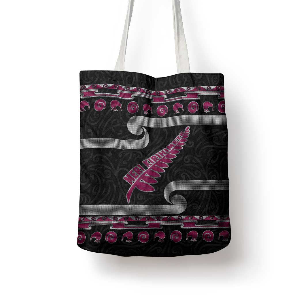 New Zealand Christmas Tote Bag Meri Kirihimete Silver Fern Knit Style Pink Color - Polynesian Pride