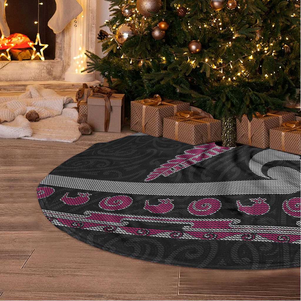 New Zealand Christmas Tree Skirt Meri Kirihimete Silver Fern Knit Style Pink Color - Polynesian Pride