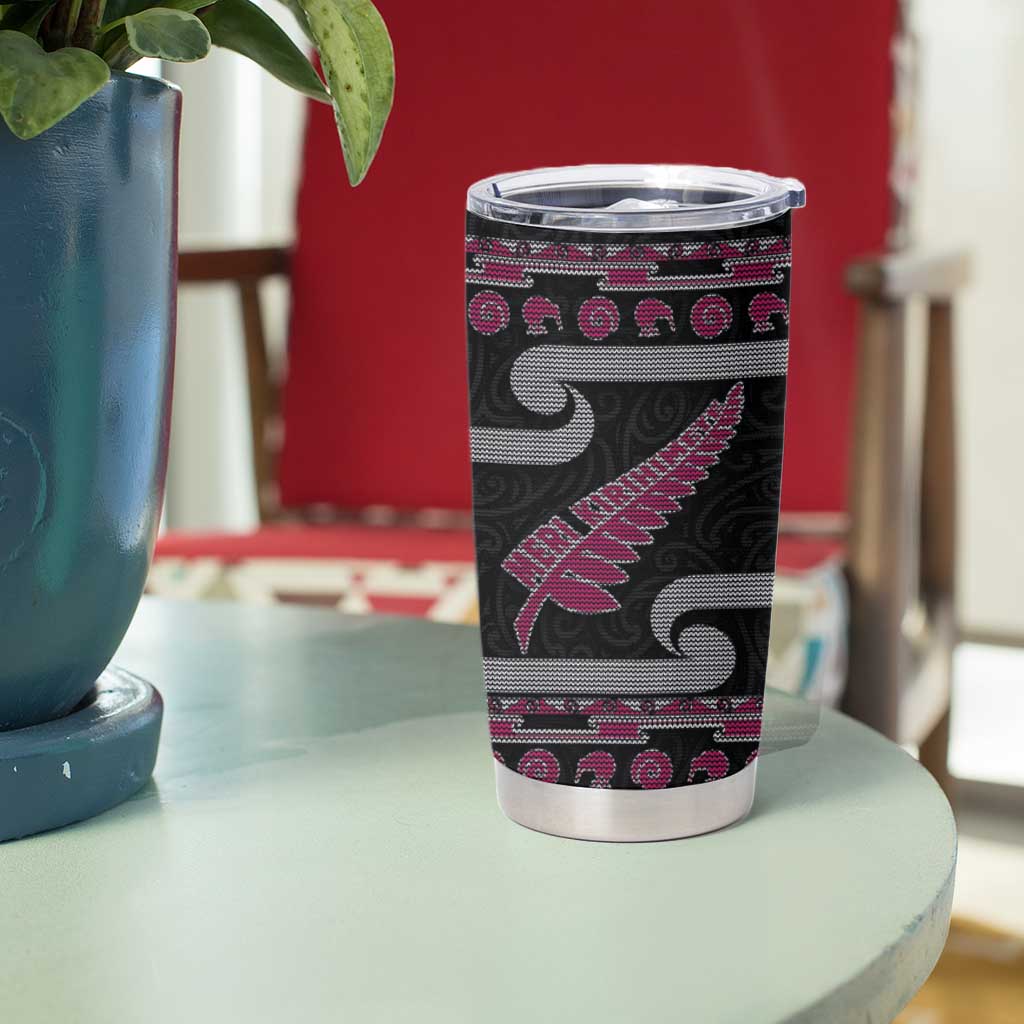 New Zealand Christmas Tumbler Cup Meri Kirihimete Silver Fern Knit Style Pink Color - Polynesian Pride