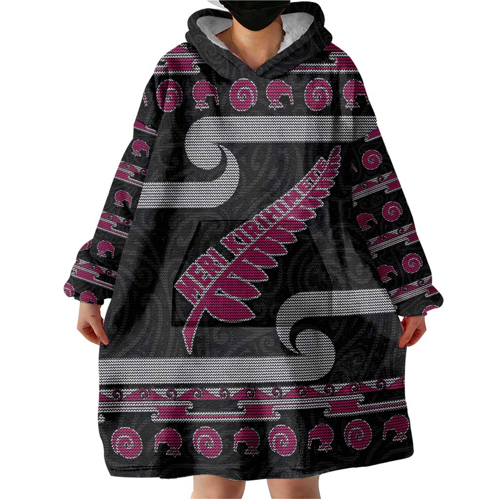 New Zealand Christmas Wearable Blanket Hoodie Meri Kirihimete Silver Fern Knit Style Pink Color - Polynesian Pride