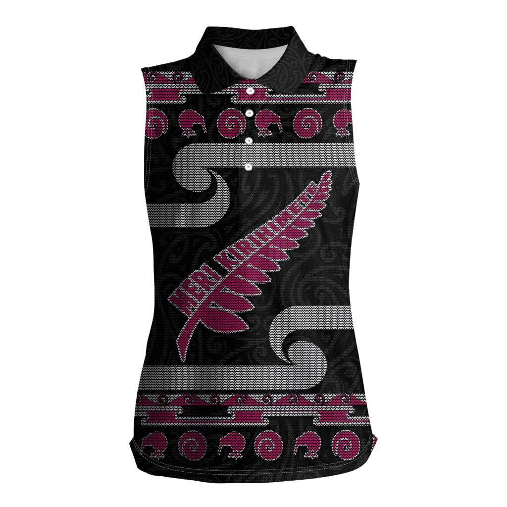 New Zealand Christmas Women Sleeveless Polo Shirt Meri Kirihimete Silver Fern Knit Style Pink Color - Polynesian Pride