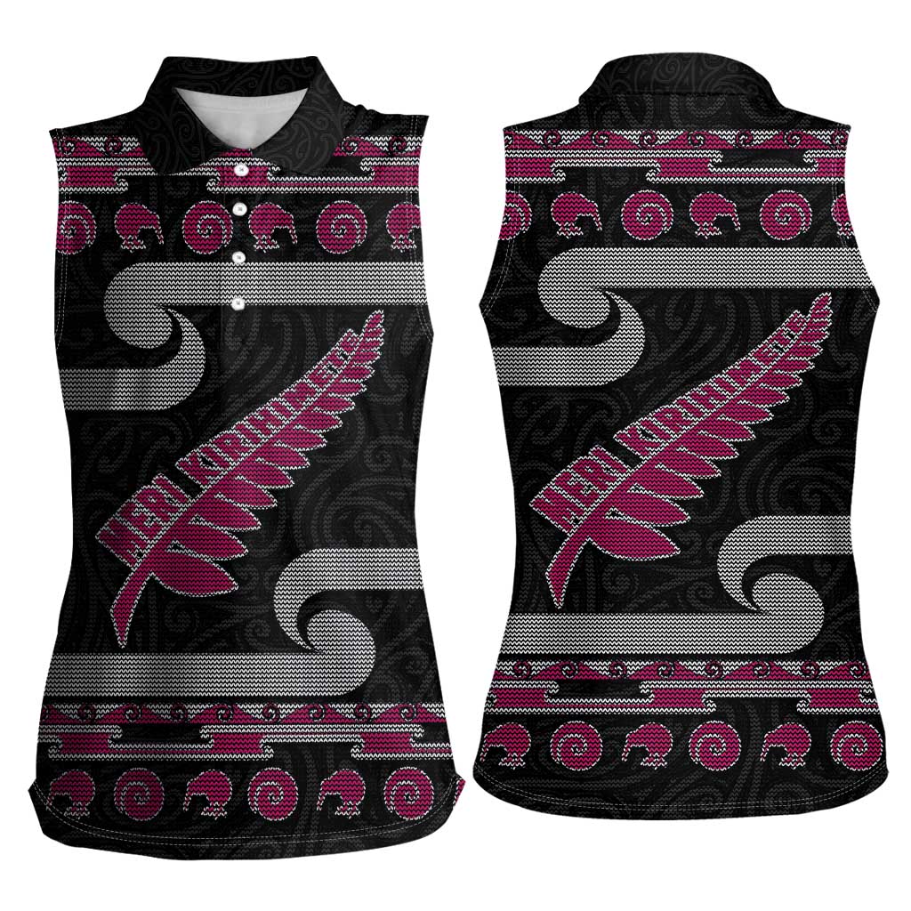 New Zealand Christmas Women Sleeveless Polo Shirt Meri Kirihimete Silver Fern Knit Style Pink Color - Polynesian Pride