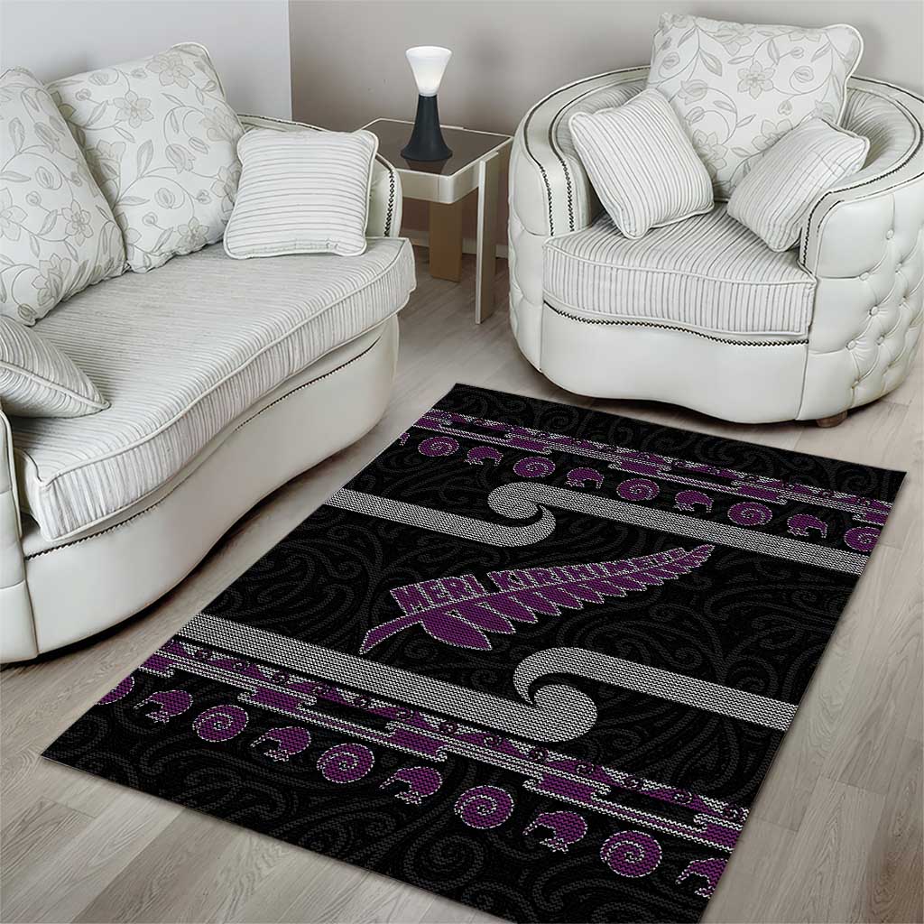 New Zealand Christmas Area Rug Meri Kirihimete Silver Fern Knit Style Purple Color - Polynesian Pride