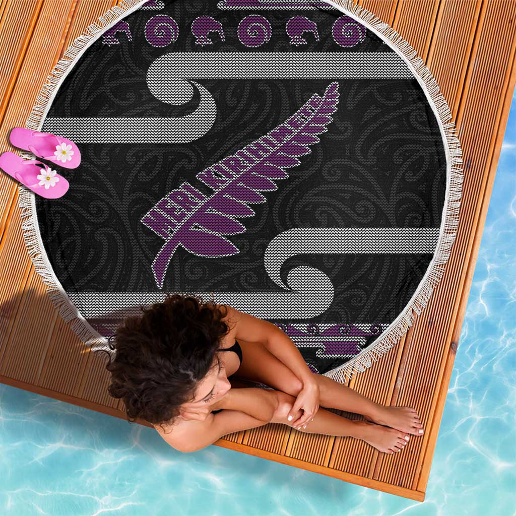 New Zealand Christmas Beach Blanket Meri Kirihimete Silver Fern Knit Style Purple Color - Polynesian Pride