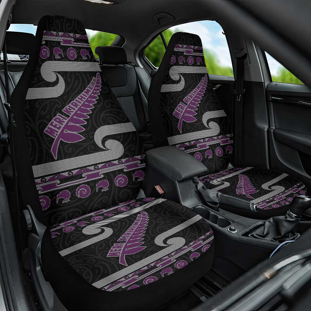 New Zealand Christmas Car Seat Cover Meri Kirihimete Silver Fern Knit Style Purple Color - Polynesian Pride
