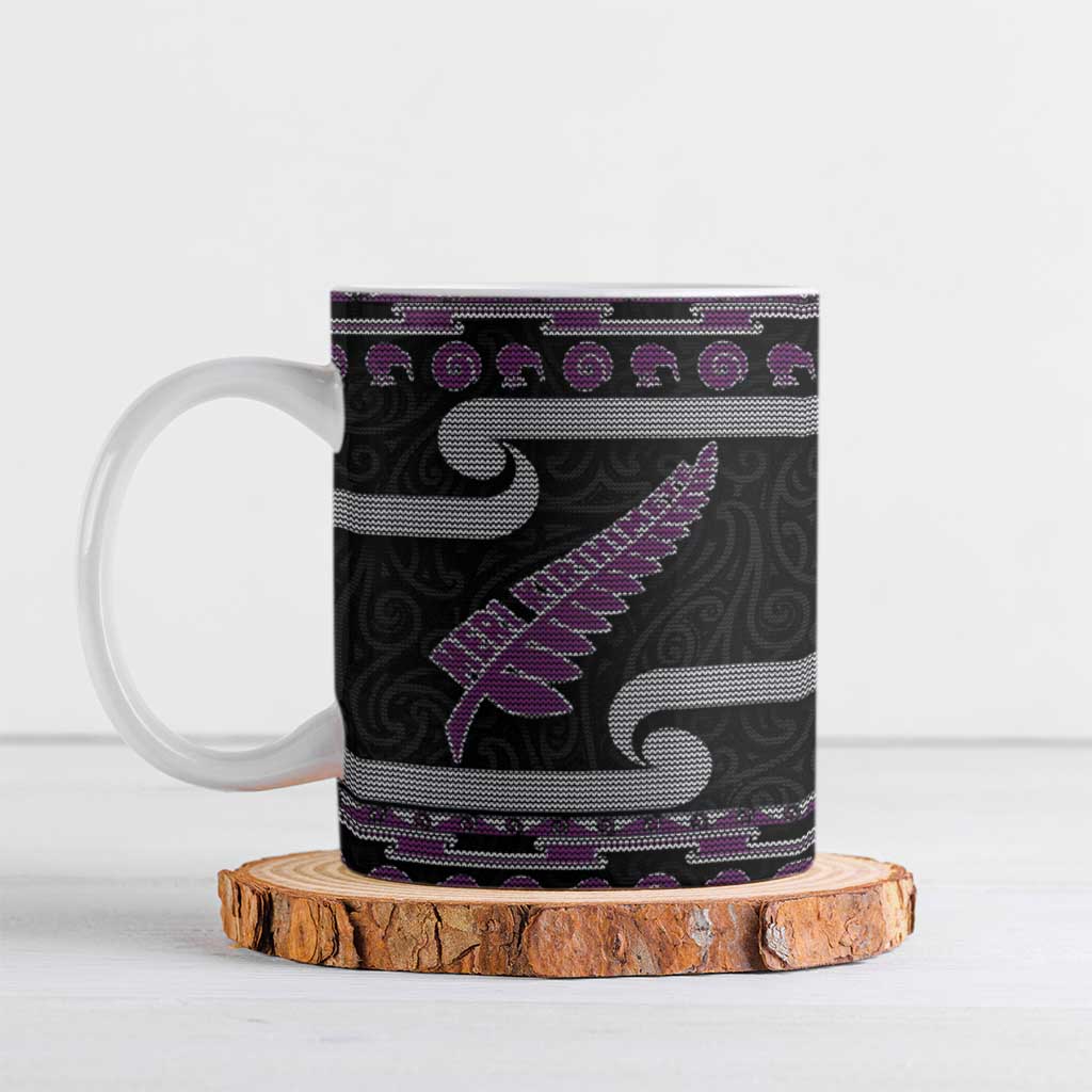 New Zealand Christmas Ceramic Mug Meri Kirihimete Silver Fern Knit Style Purple Color - Polynesian Pride
