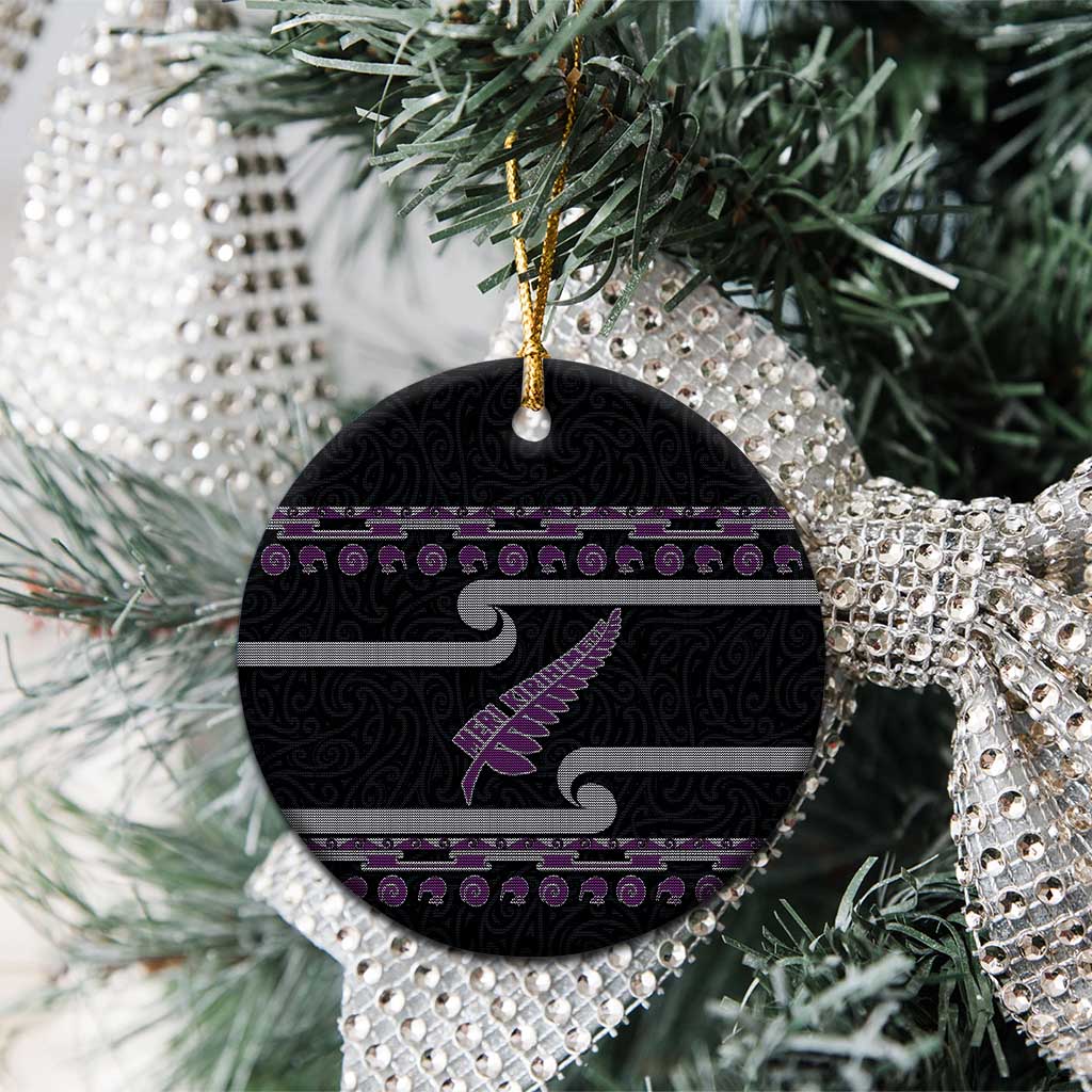 New Zealand Christmas Ceramic Ornament Meri Kirihimete Silver Fern Knit Style Purple Color - Polynesian Pride