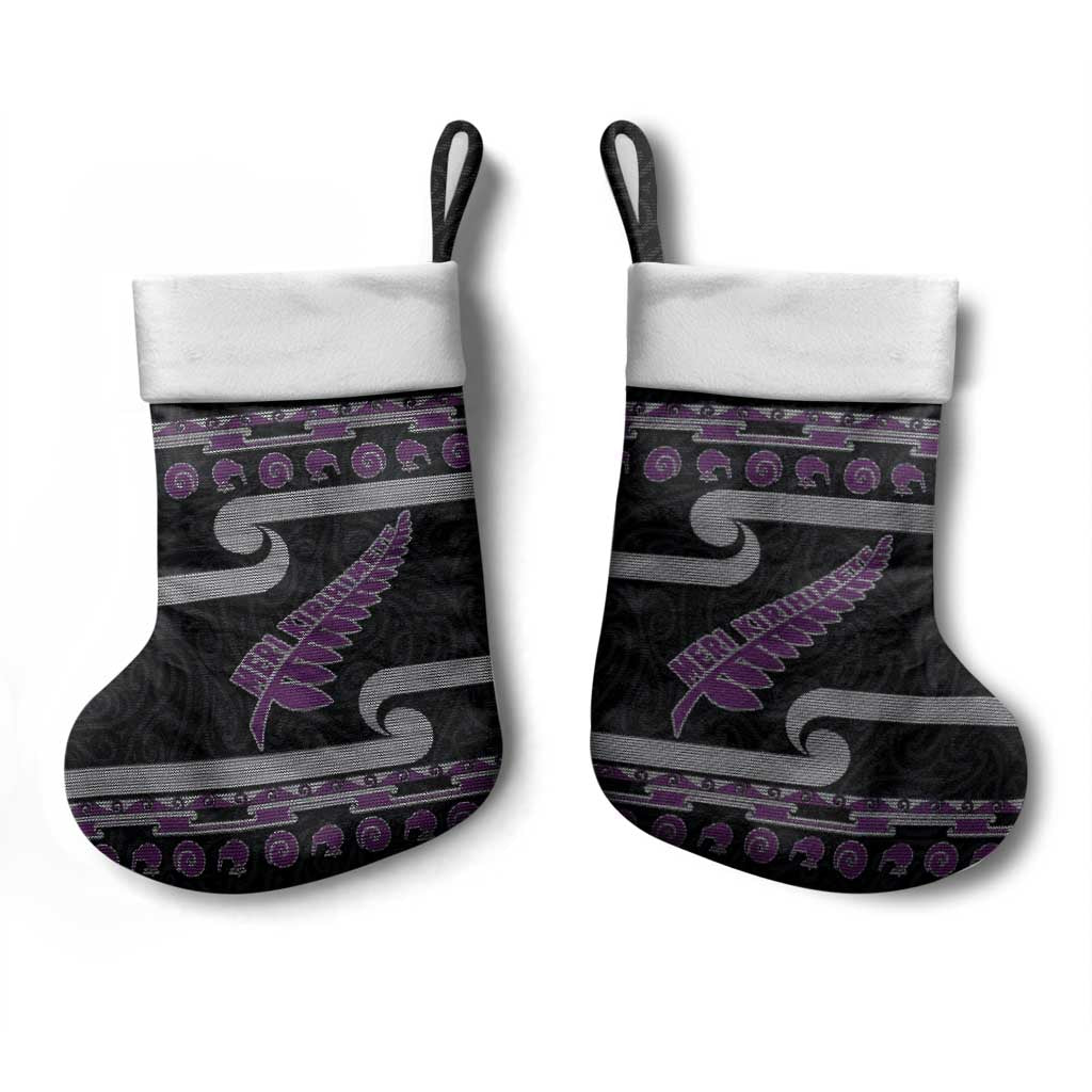 New Zealand Christmas Stocking Meri Kirihimete Silver Fern Knit Style Purple Color - Polynesian Pride
