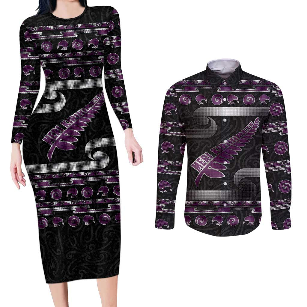New Zealand Christmas Couples Matching Long Sleeve Bodycon Dress and Long Sleeve Button Shirt Meri Kirihimete Silver Fern Knit Style Purple Color - Polynesian Pride