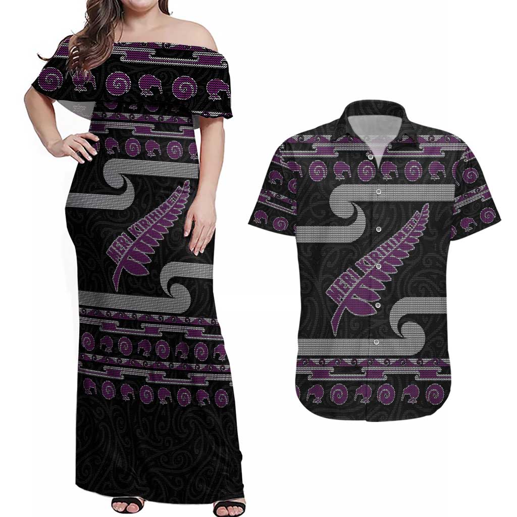 New Zealand Christmas Couples Matching Off Shoulder Maxi Dress and Hawaiian Shirt Meri Kirihimete Silver Fern Knit Style Purple Color - Polynesian Pride