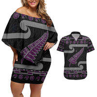 New Zealand Christmas Couples Matching Off Shoulder Short Dress and Hawaiian Shirt Meri Kirihimete Silver Fern Knit Style Purple Color - Polynesian Pride