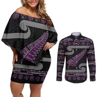New Zealand Christmas Couples Matching Off Shoulder Short Dress and Long Sleeve Button Shirt Meri Kirihimete Silver Fern Knit Style Purple Color - Polynesian Pride