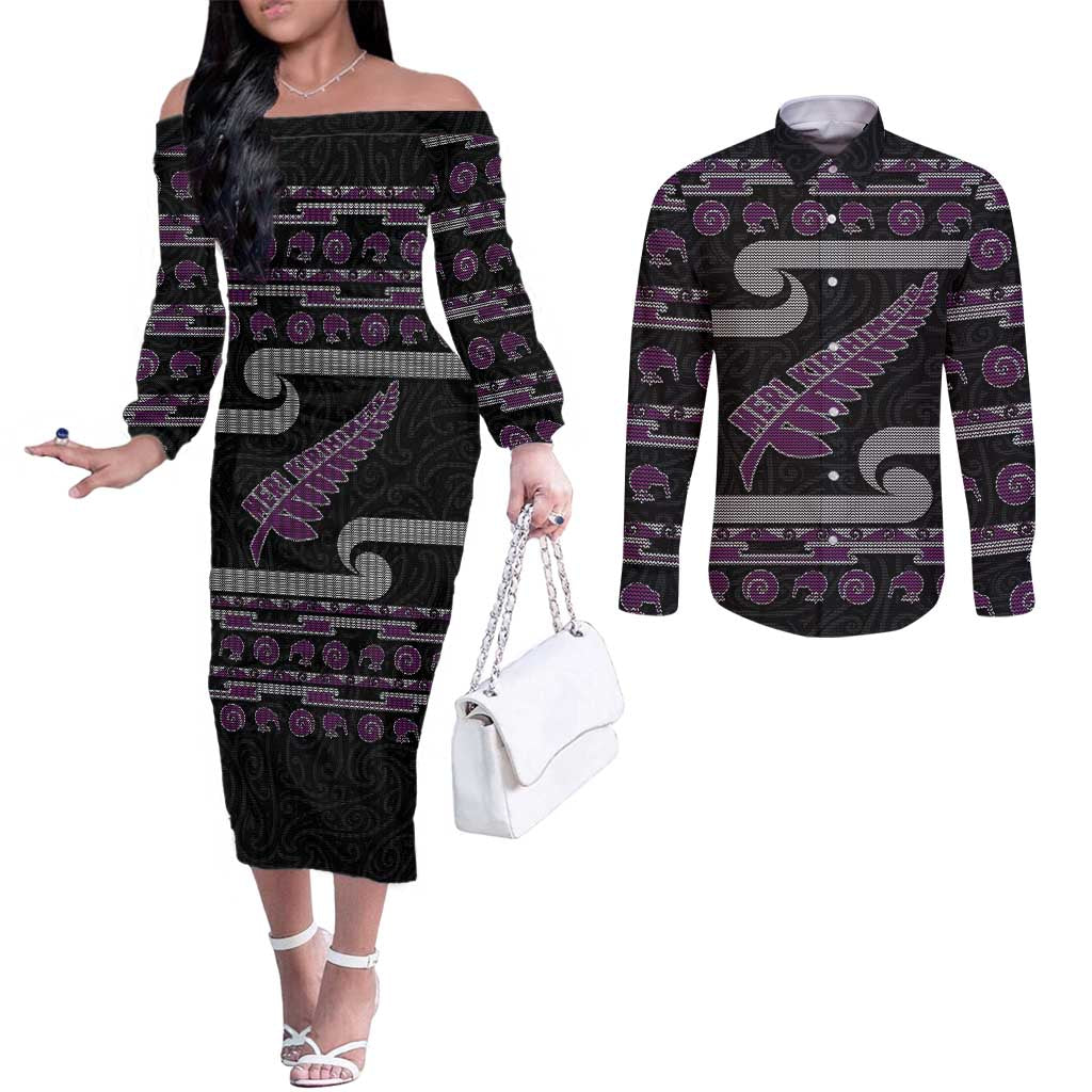 New Zealand Christmas Couples Matching Off The Shoulder Long Sleeve Dress and Long Sleeve Button Shirt Meri Kirihimete Silver Fern Knit Style Purple Color - Polynesian Pride